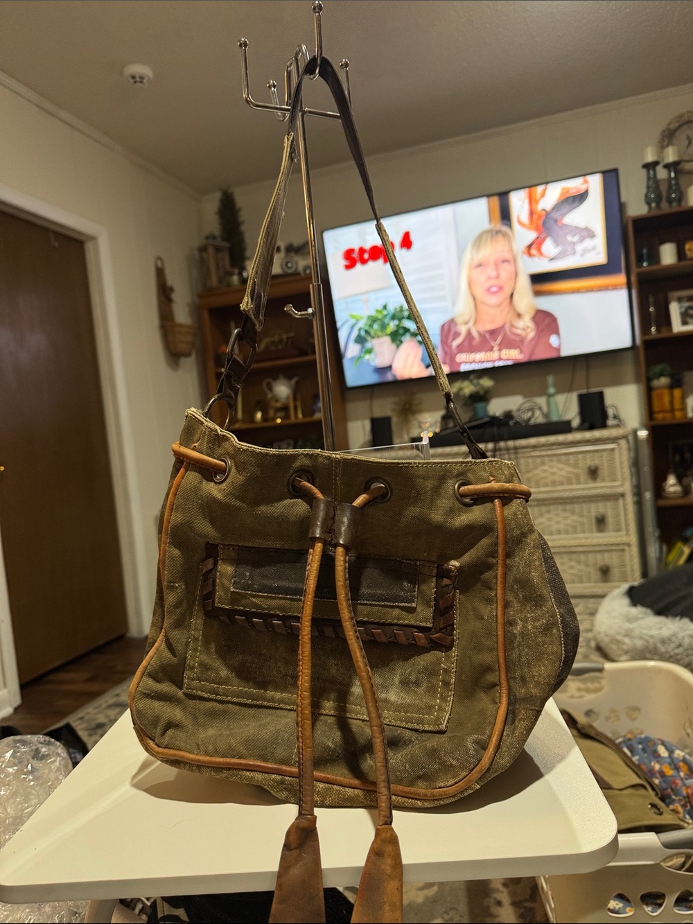 Mona B Olive Green Canvas Drawstring Shoulder Bag with Tan Trim
